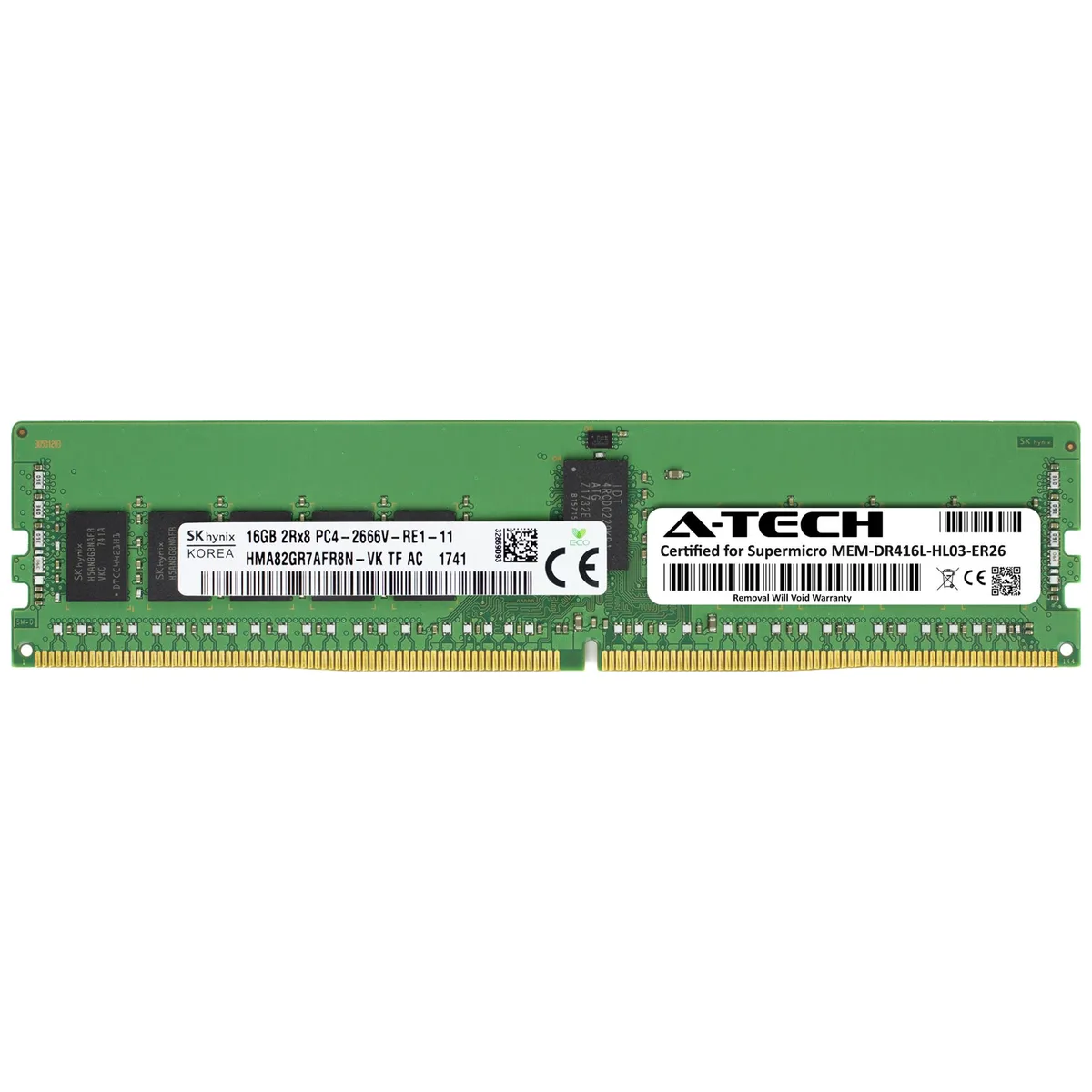 Green printed circuit board with black memory chips and gold edge connectors