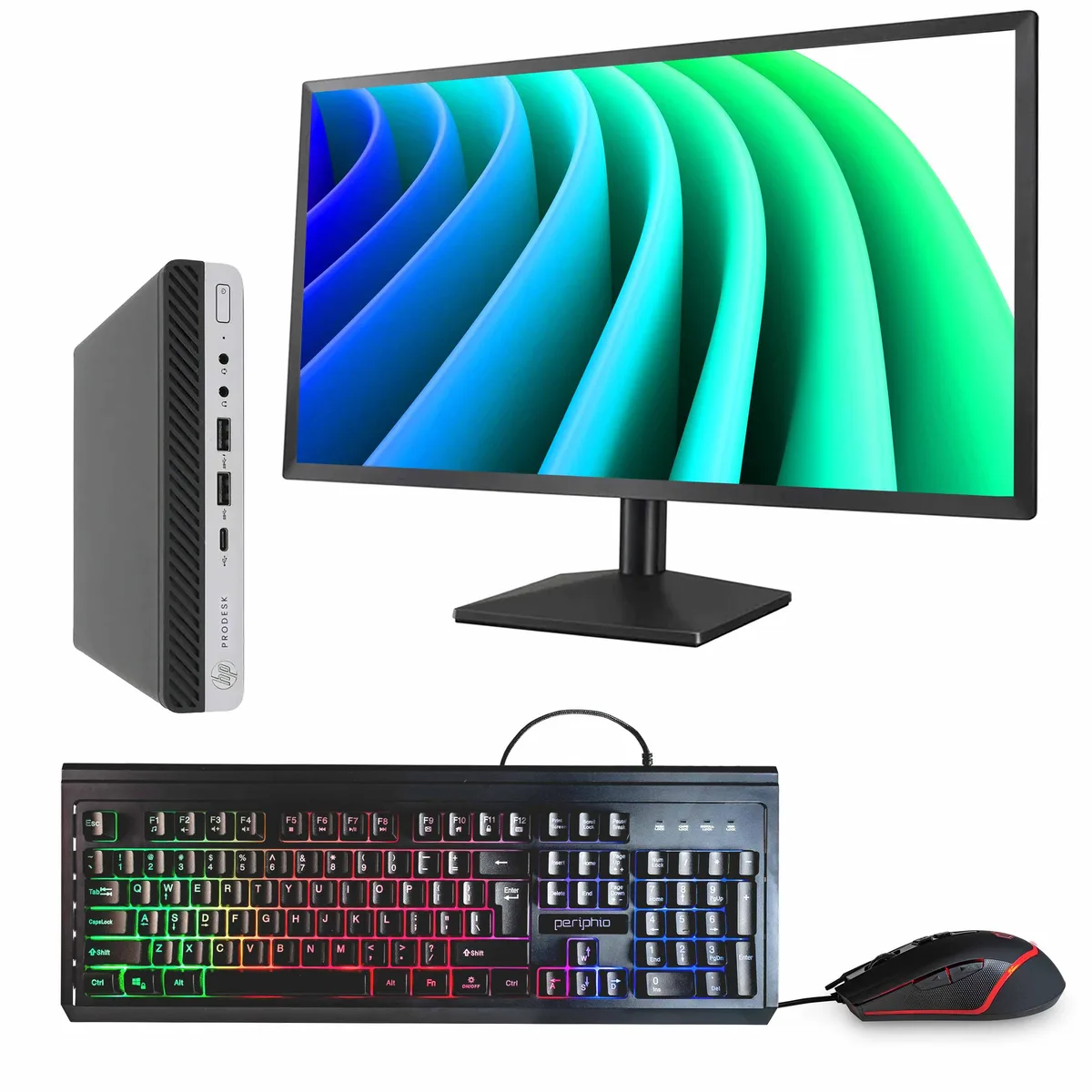 Compact black and silver mini desktop tower beside a 24 inch monitor