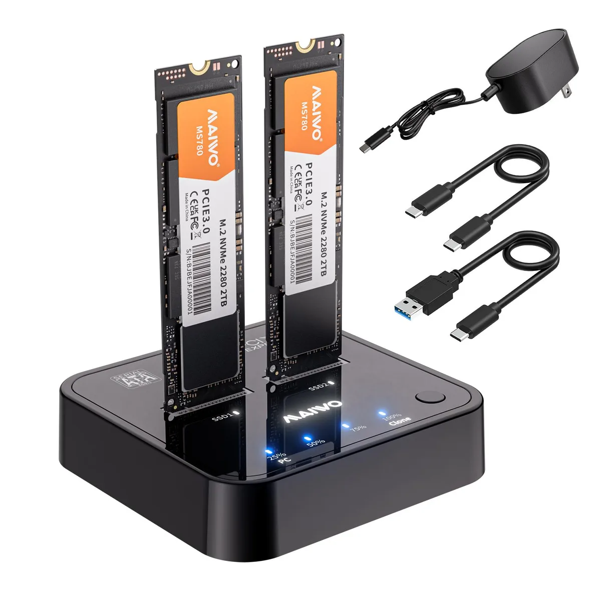 Black plastic dual M.2 SSD cloner dock with vertical open-air slots, USB-C cable and power adapter