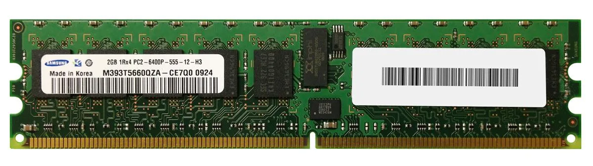 Green rectangular circuit board with black memory chips and gold edge connector