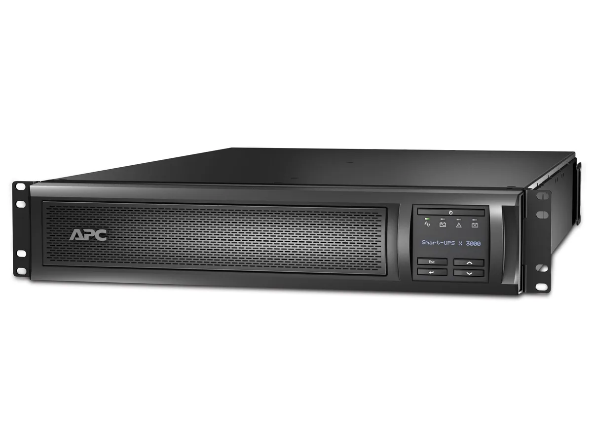 Rectangular 2U rackmount UPS unit with front LCD display and rear outlet panel
