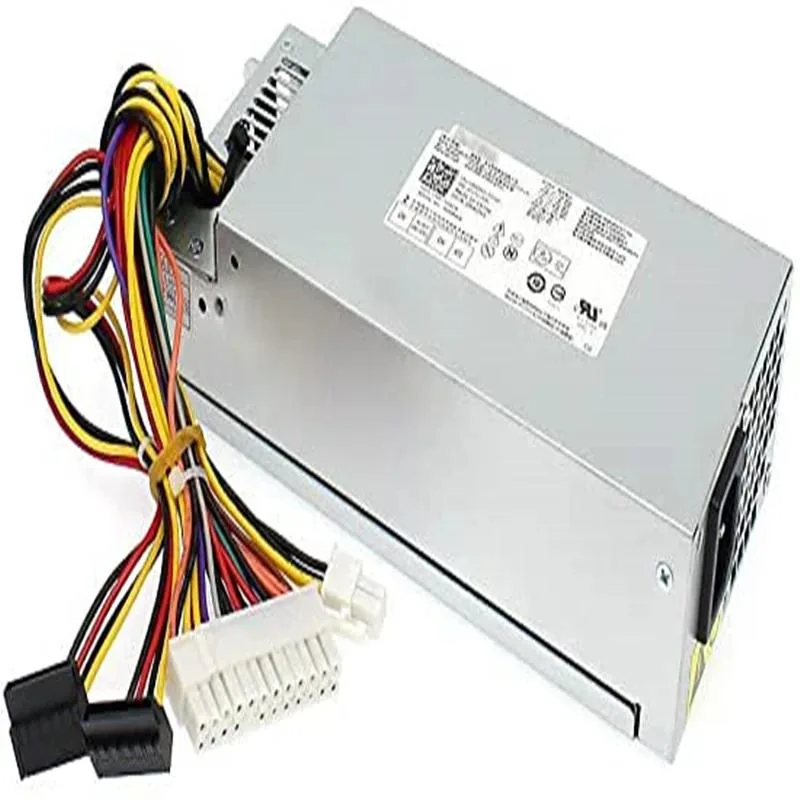Rectangular ATX power supply unit, matte black metal casing with ventilation grille and fan visible