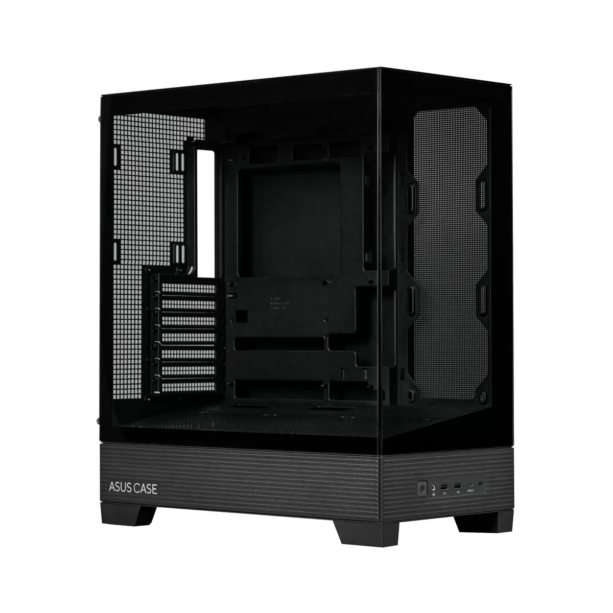 Black steel mid-tower with tempered glass side and front panels, angled bottom fan mount, top I/O including USB Type-C