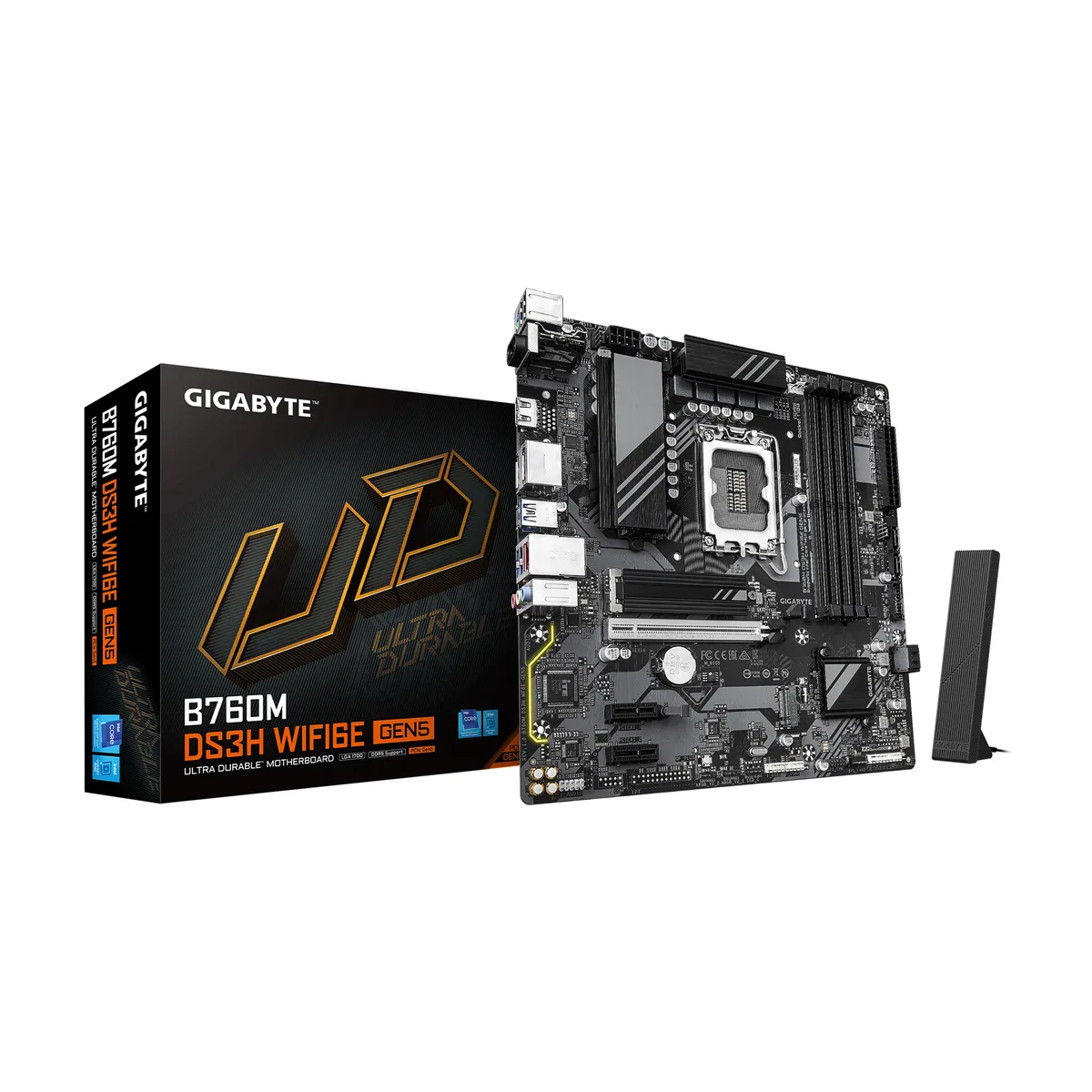 A dark green micro-ATX board with silver heatsinks, four DDR5 slots, a reinforced PCIe 5.0 x16 slot and rear I/O shield