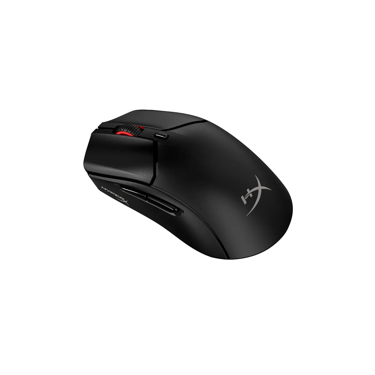 Black lightweight gaming mouse with solid shell, six buttons and USB-C cable
