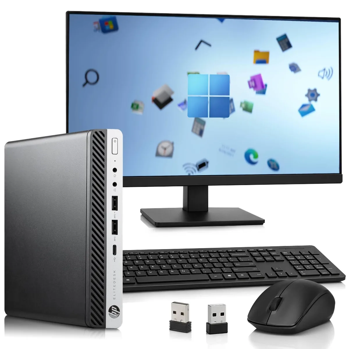 Black HP EliteDesk 800 G5 Mini PC with 24 inch monitor, keyboard and mouse