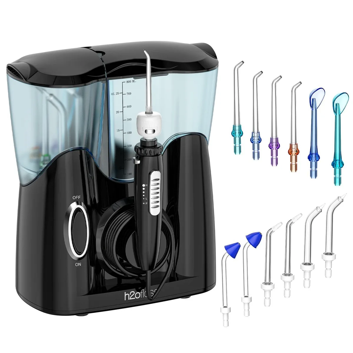  H2ofloss HF-9 Black countertop water flosser oral care 800ml 110 PSI 1200 pulses 20 tips — product photo