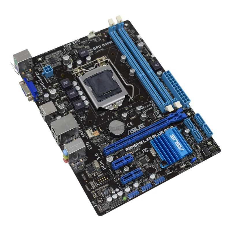 Green Micro ATX motherboard with black LGA 1155 socket two blue DDR3 slots silver VGA port and four USB 2.0 ports on the rear I/O panel
