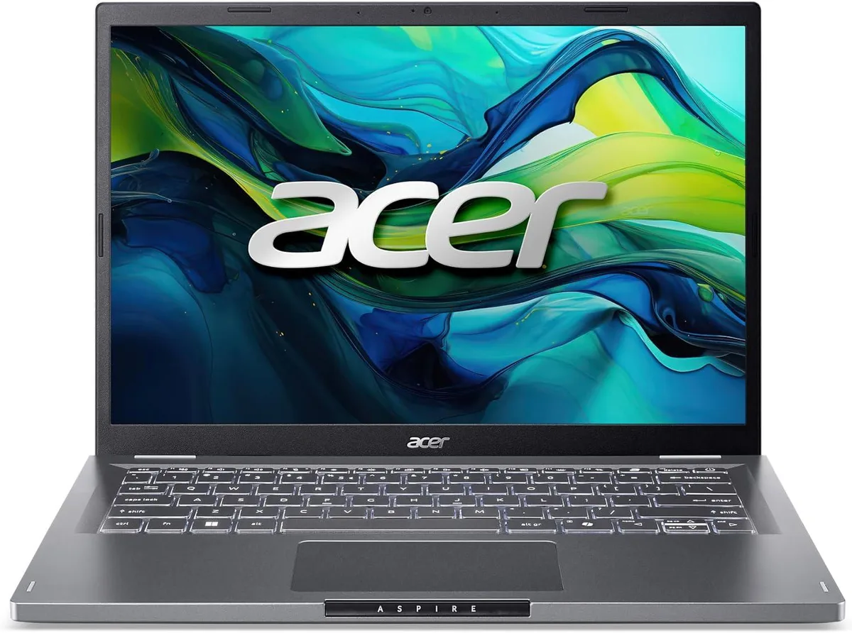 Silver 14-inch laptop with thin bezels and backlit keyboard