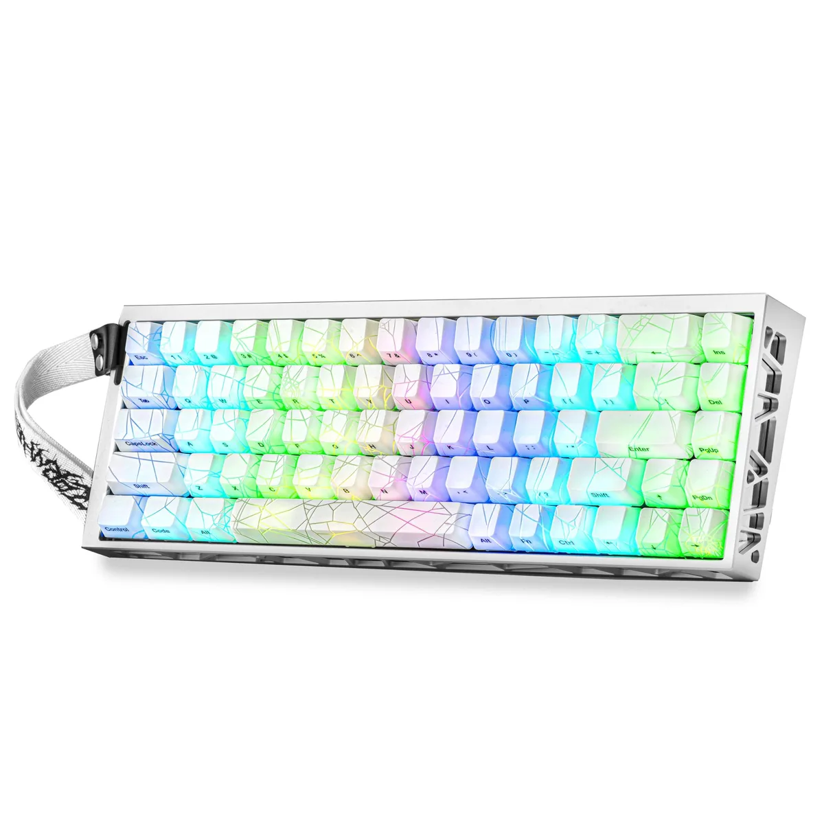 Compact white aluminium keyboard with spider-web shine-through keycaps and RGB backlighting