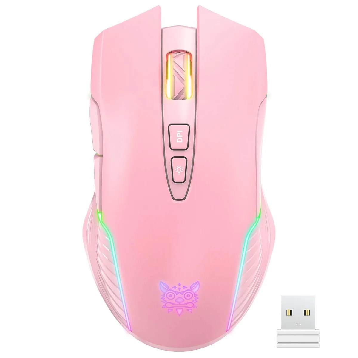 Pink wireless gaming mouse with ergonomic shape, RGB lighting, seven buttons and rechargeable battery