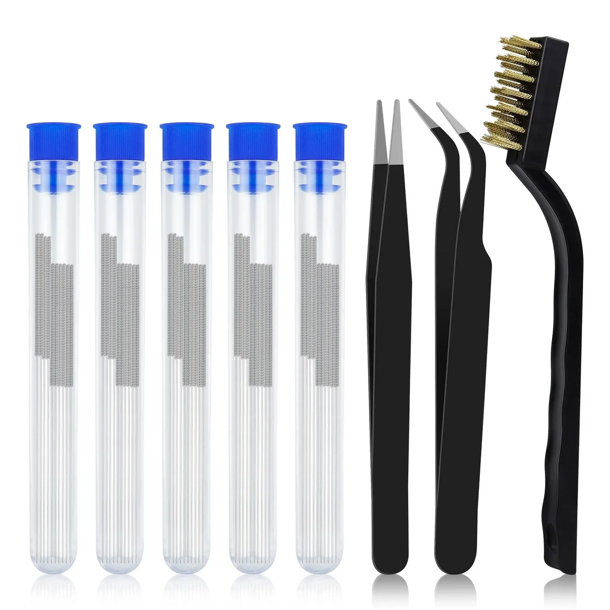 OXDFK 3D Printer Nozzle Cleaning Kit 50 PCS 0.2/0.25/0.3/0.35/0.4 mm Needles Tweezers Copper Brush — toote foto