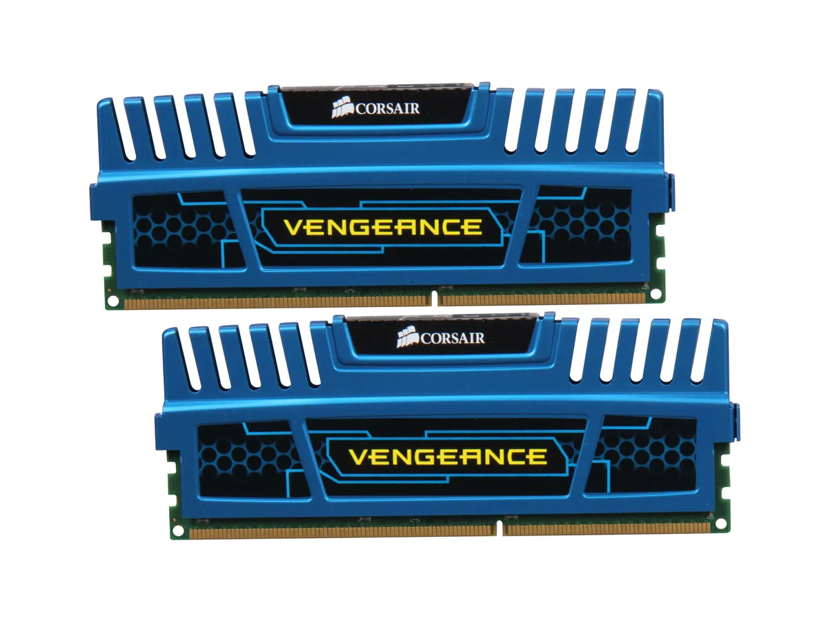 Two blue DDR3 desktop memory modules with aluminum heat spreaders