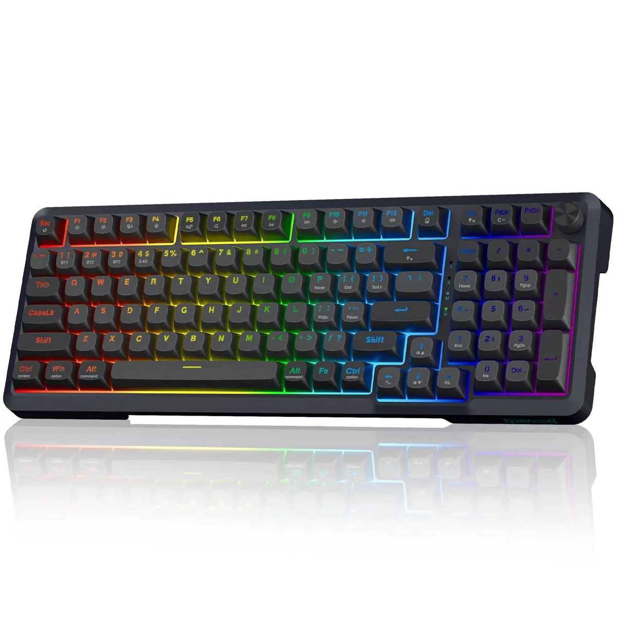 Black 98-key compact mechanical keyboard with rounded MDA keycaps, gasket-mounted frame, volume knob and L-shaped USB-C cable
