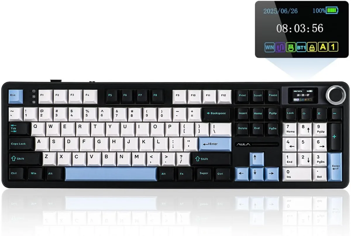 Full-size wireless gaming keyboard in blue white black with 1.14 inch screen and volume knob
