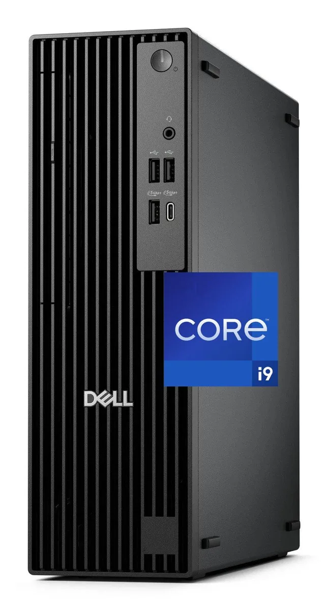Compact slim desktop tower with matte black finish, front USB-C and audio ports, rear DisplayPort and HDMI, includes keyboard and mouse