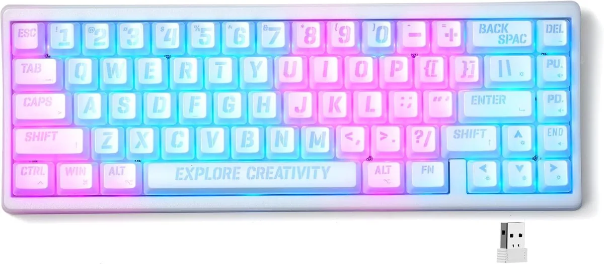White compact 60 percent mechanical keyboard with patterned keycaps and RGB shine-through