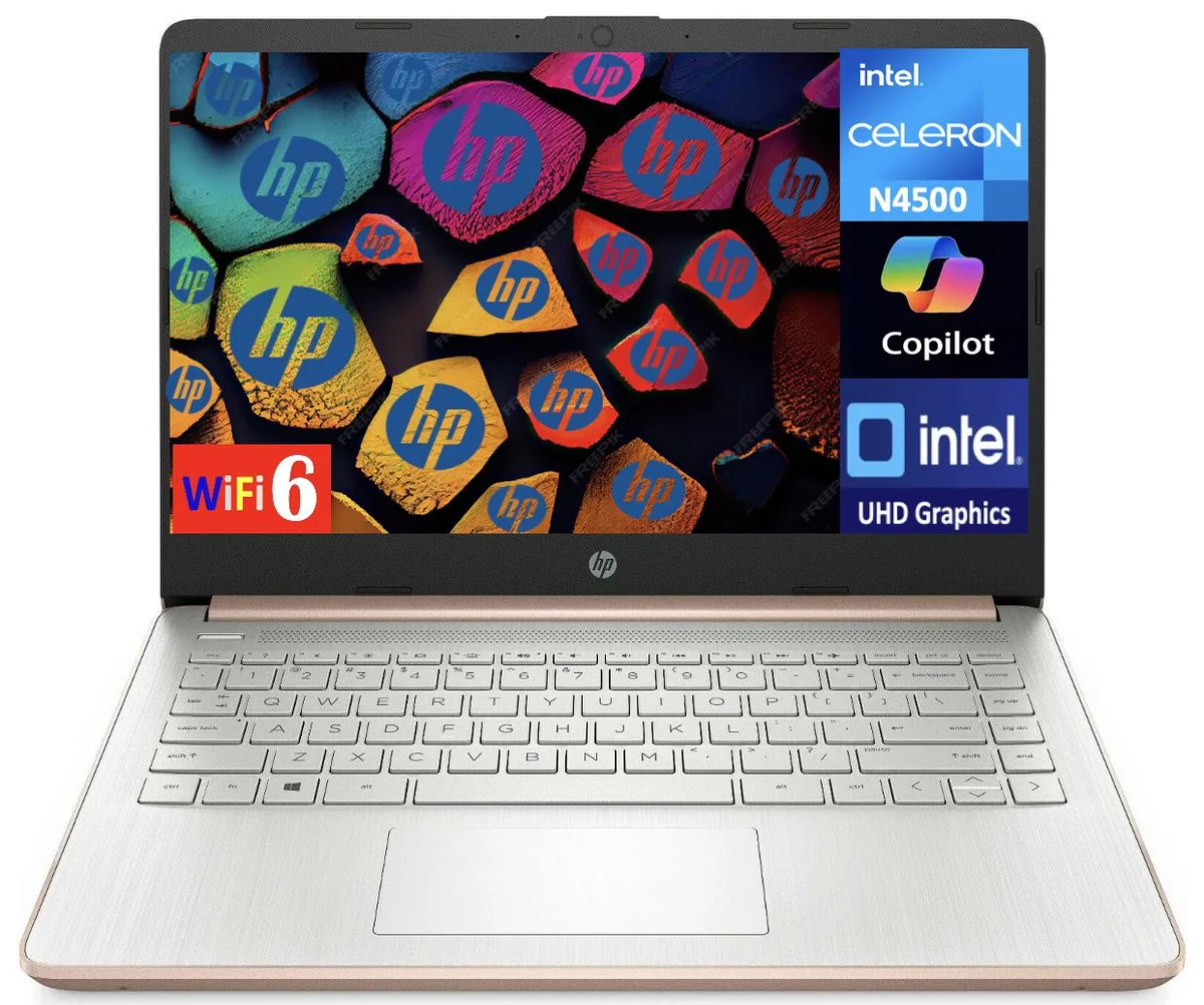 Pale rose gold and natural silver HP 14 laptop closed lid