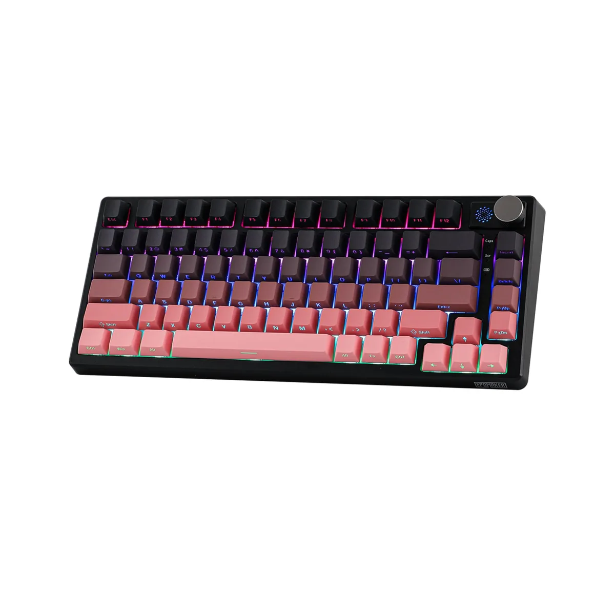 Compact 81-key mechanical keyboard in black and pink with a metal knob and RGB backlight