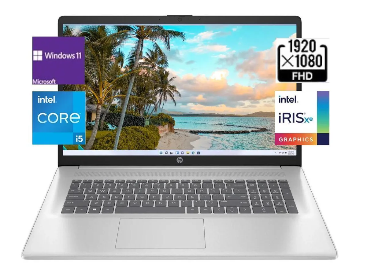 Silver 17.3 inch laptop with slim profile and backlit keyboard