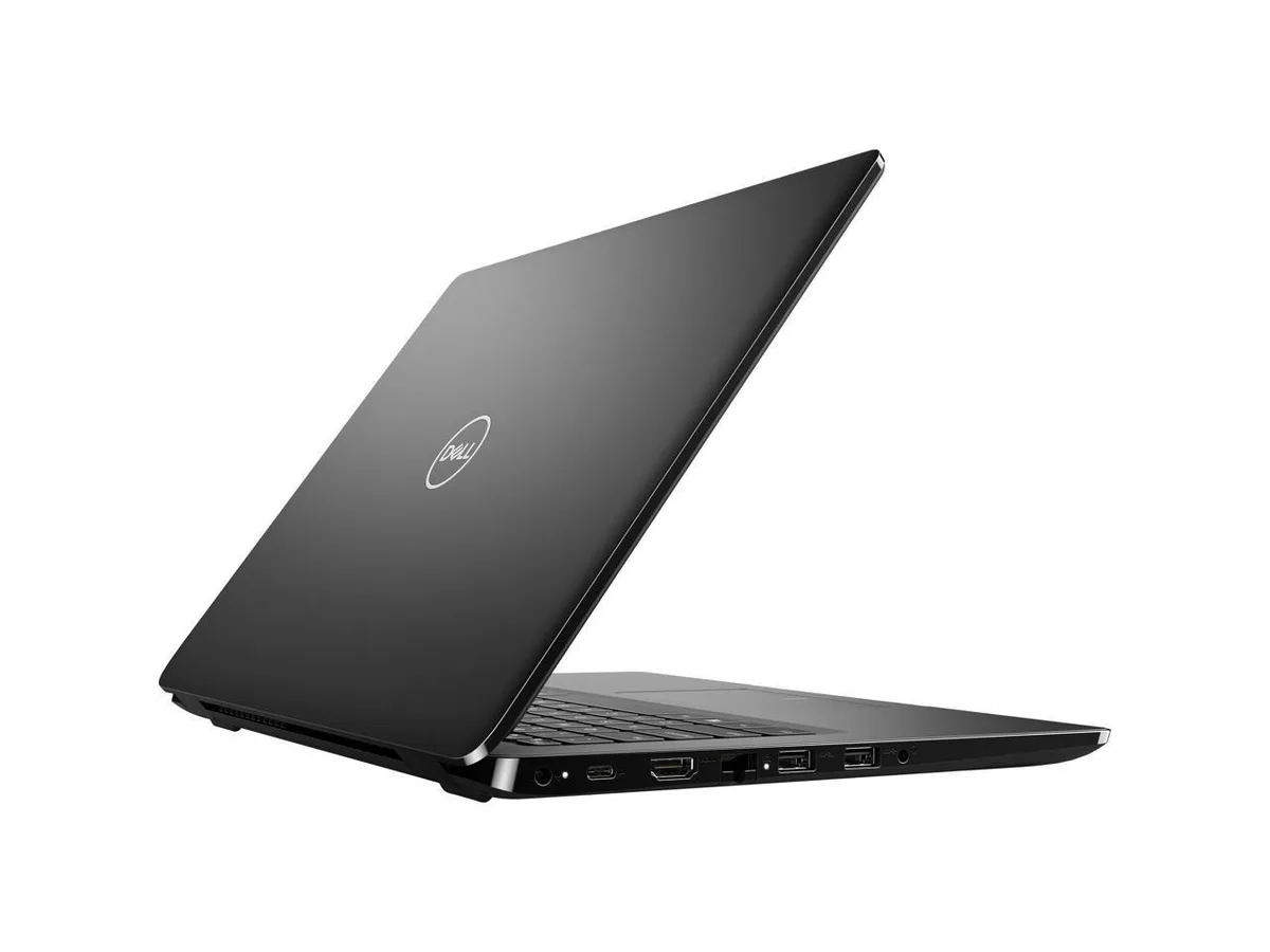 Black 14 inch Dell Latitude 3400 laptop closed on a plain background