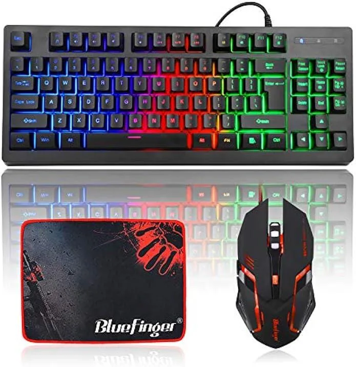 Compact 87-key RGB keyboard, six-button mouse, large cloth mouse pad with rubber base