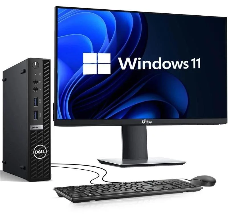 Black Dell OptiPlex 7010 Micro desktop with 24 inch monitor keyboard and mouse