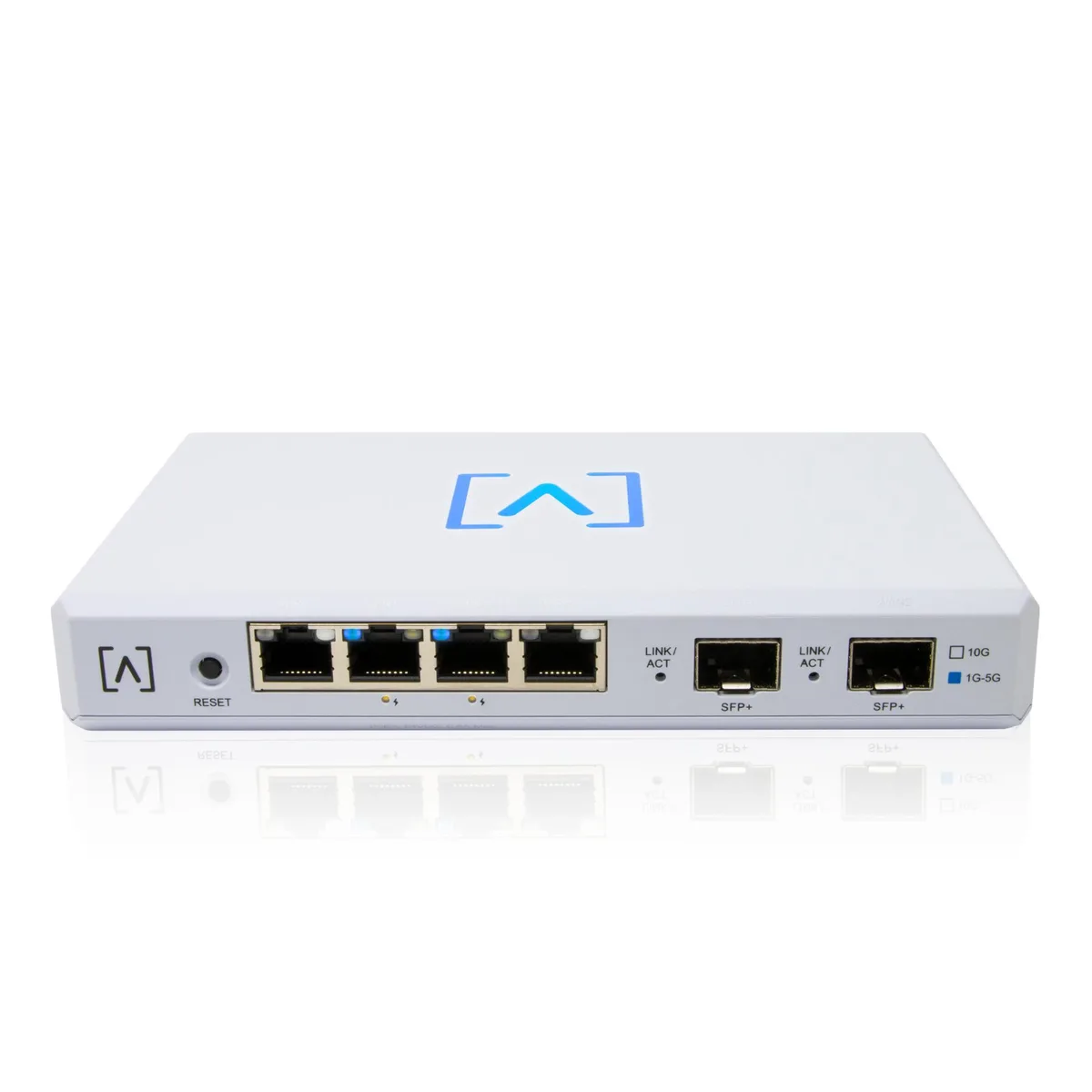 Compact black metal router with two SFP+ cages and four RJ45 ports on the front face