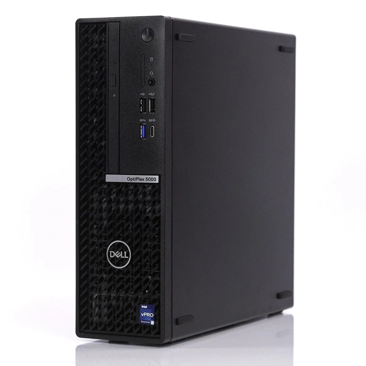 Compact black small-form-factor desktop tower with front panel ports and ventilation grille