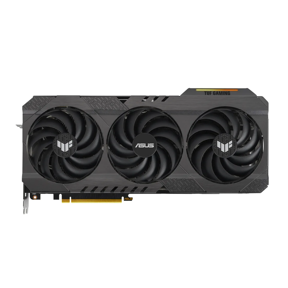 Triple-fan graphics card in matte black with metal backplate, three-slot ATX form factor