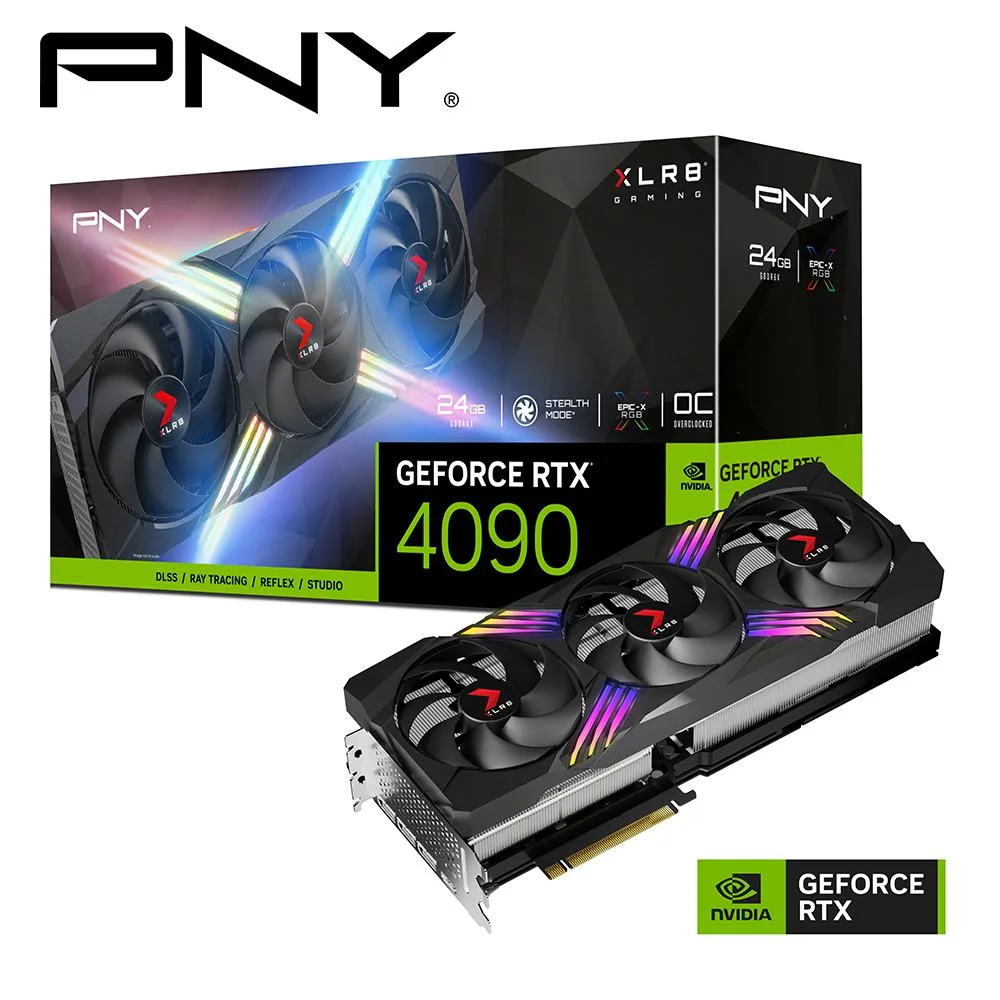 PNY VERTO OC XLR8 RTX 4090 triple-fan graphics card, silver shroud, RGB lighting, three DisplayPort and one HDMI ports