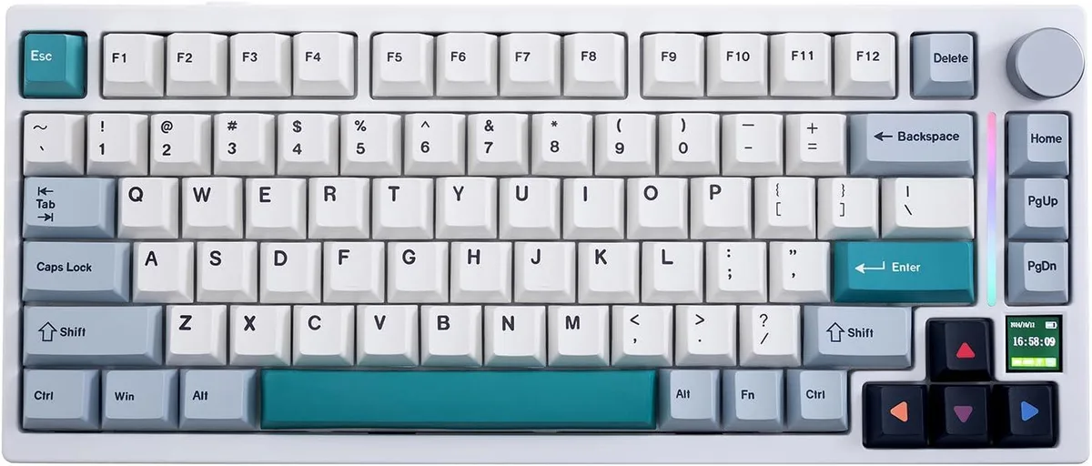 Compact 75 percent mechanical keyboard with a small TFT screen, PBT keycaps and a light bar