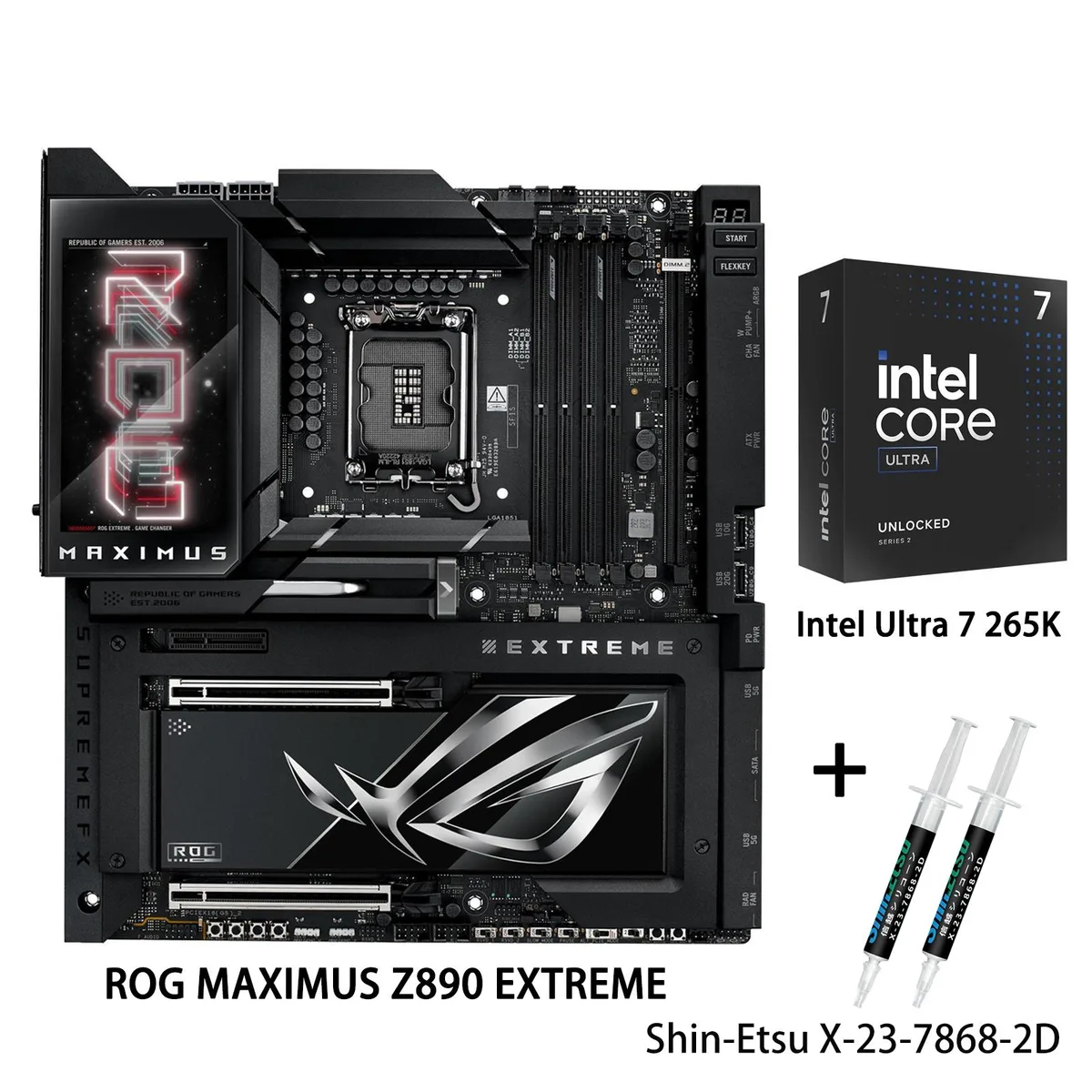 Large black E-ATX motherboard with silver heatsinks and installed CPU visible in socket