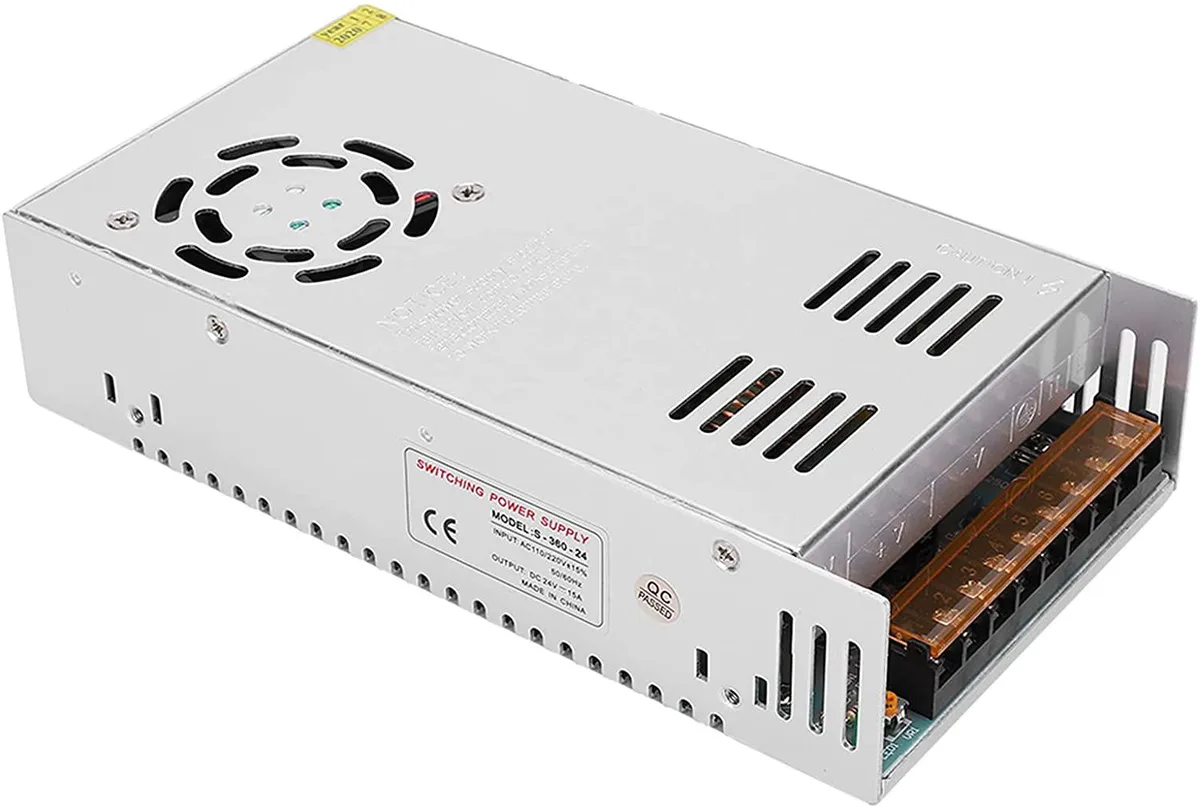 Pink aluminium enclosure, terminal strip, fan vent, 24V 15A 360W label
