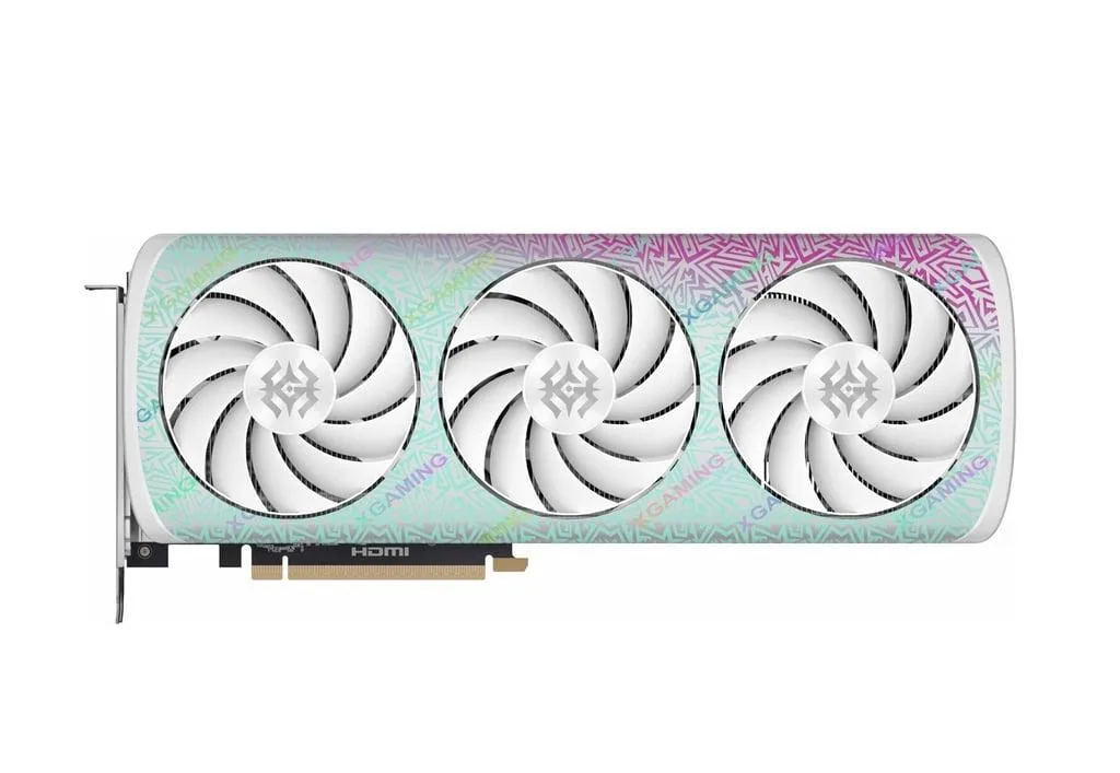 Gray graphics card with triple fans and metal backplate, 2.5-slot design
