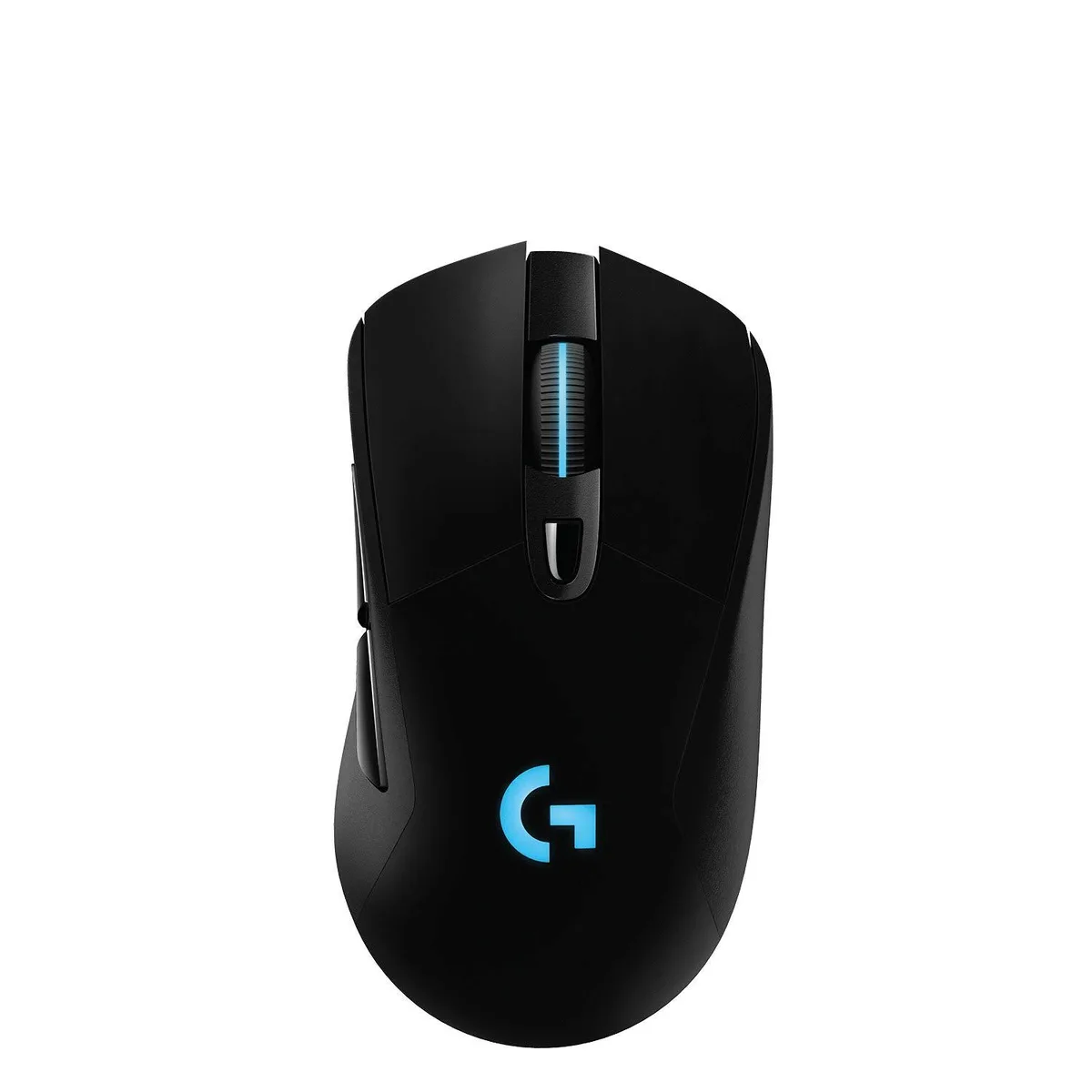 Black wireless gaming mouse with ergonomic right-handed shape, rubber side grips, six buttons, and RGB lighting zone