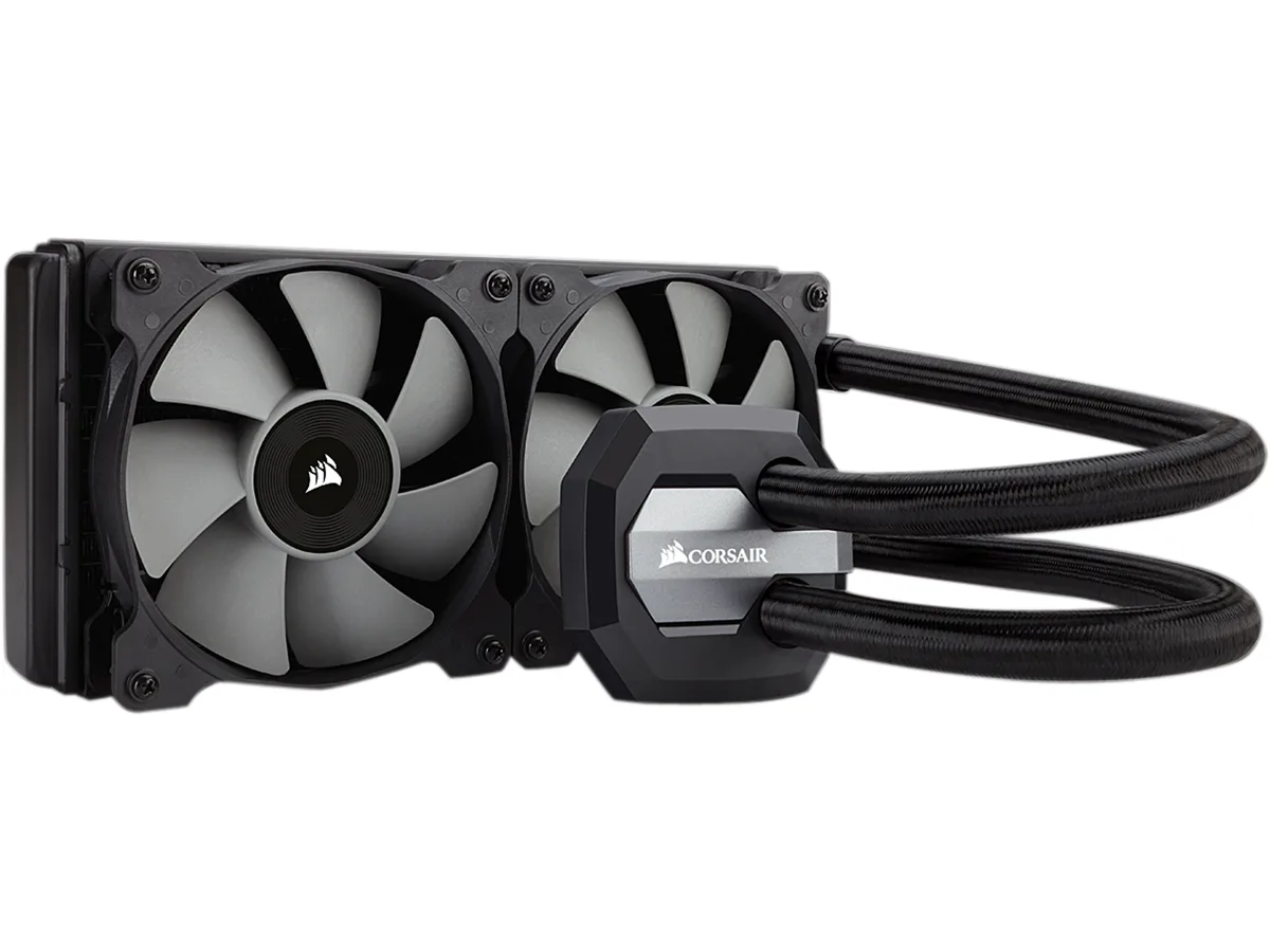 Black 240mm radiator with two 120mm fans, copper pump block and black sleeved tubes