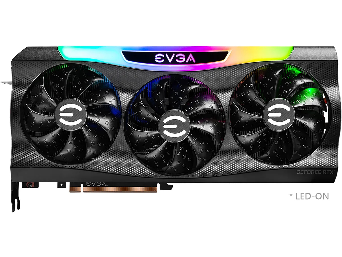 EVGA GeForce RTX 3080 FTW3 triple-fan graphics card with metal backplate and ARGB lighting