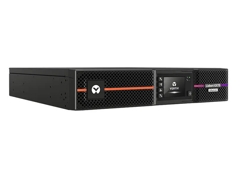 Black rectangular 2U rack tower unit with front LCD display and six NEMA outlets