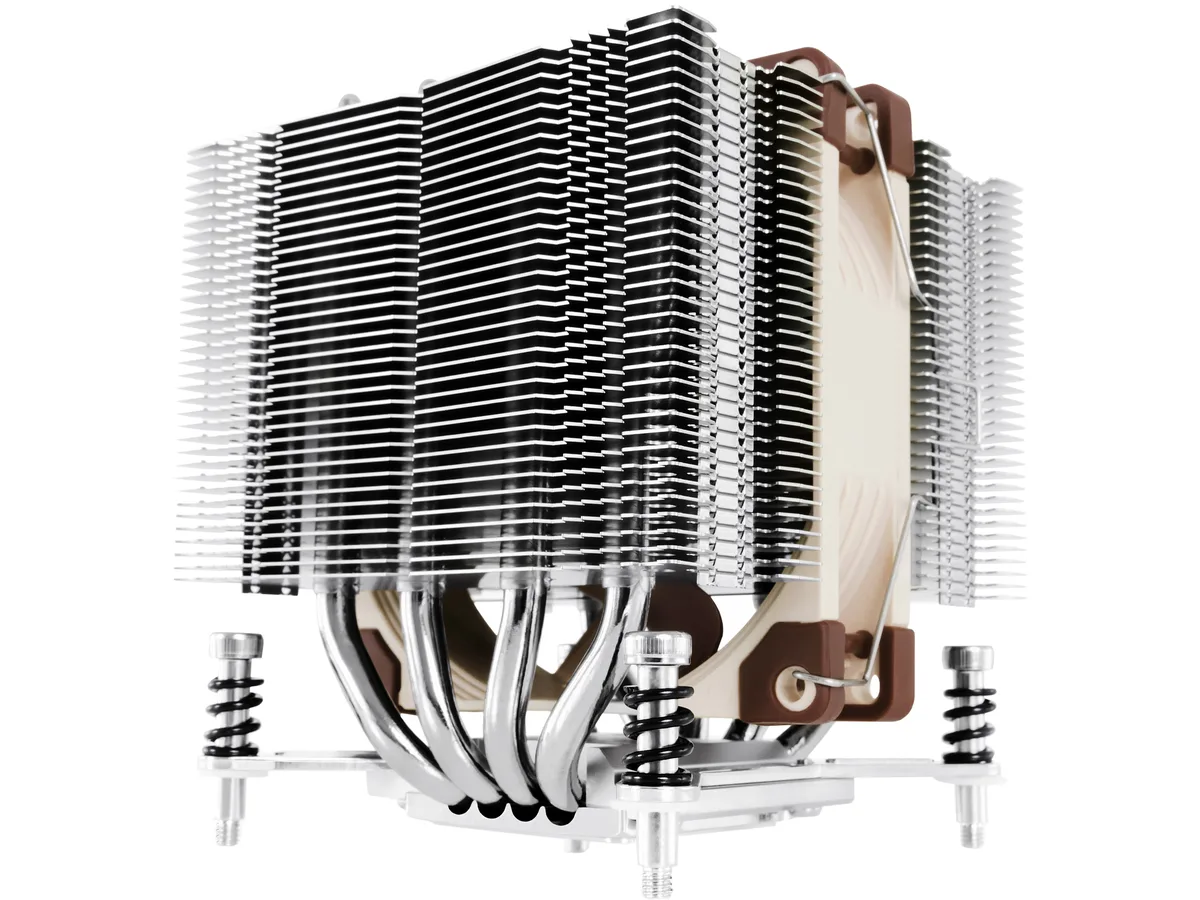 Compact dual-tower CPU cooler with 92mm brown fan, 110mm tall, copper fins visible