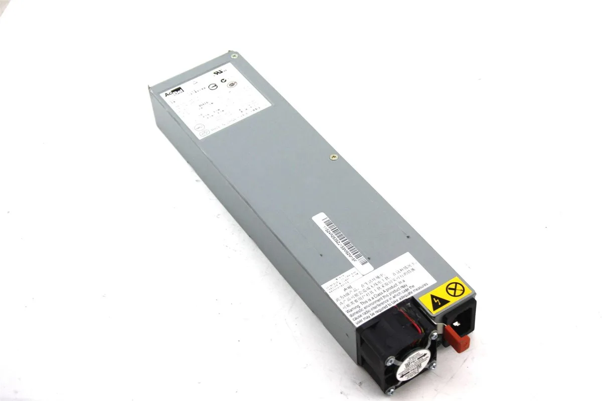 Rectangular silver server power supply module with rear fan grille and side handle