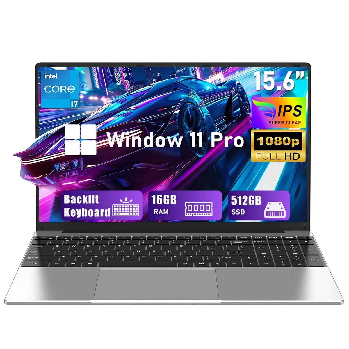 Gray 15.6 inch laptop with backlit keyboard, thin profile, IPS FHD display