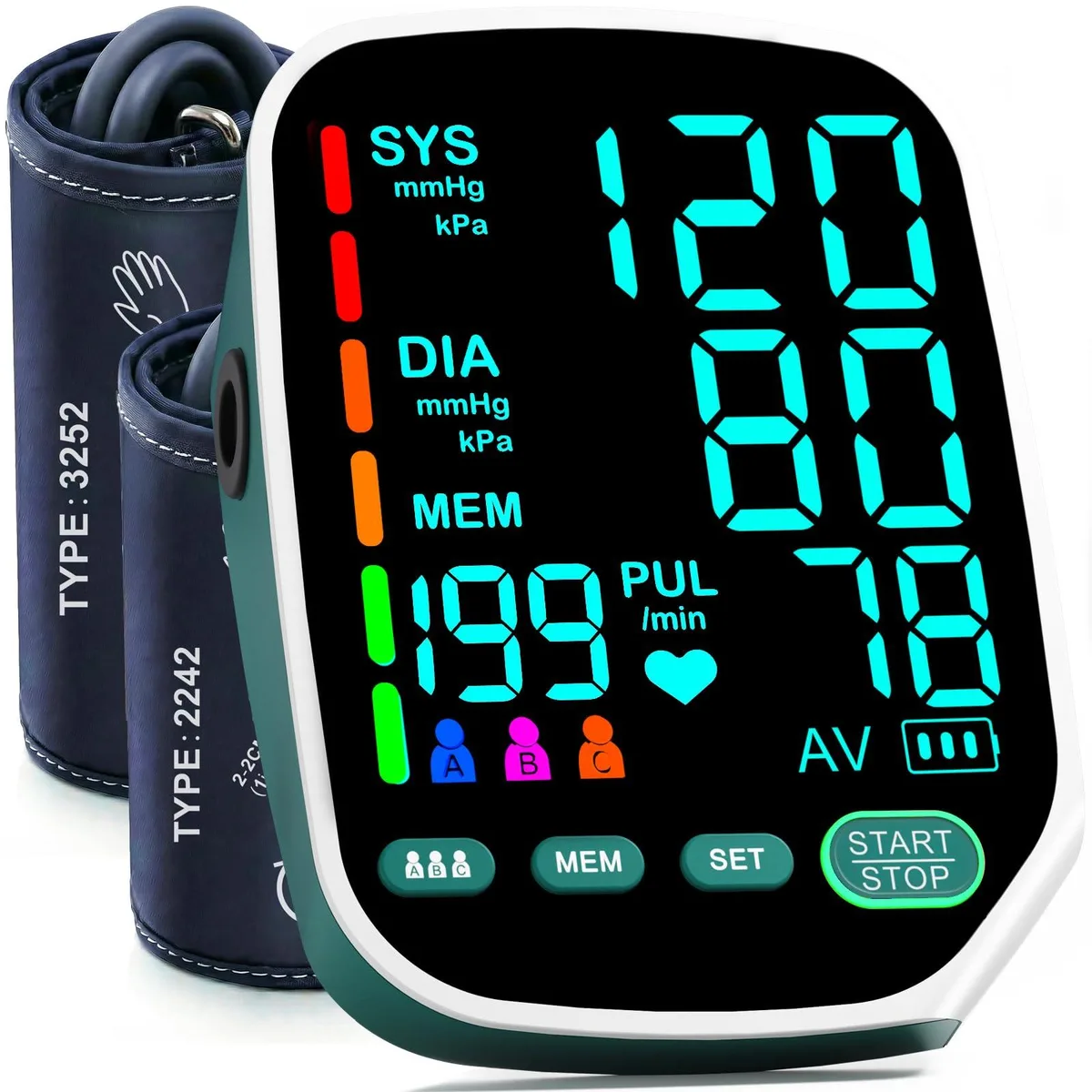  Yomseayo A02-SE4 blood pressure monitor dual cuffs 3 users 199 memory — produkto nuotrauka