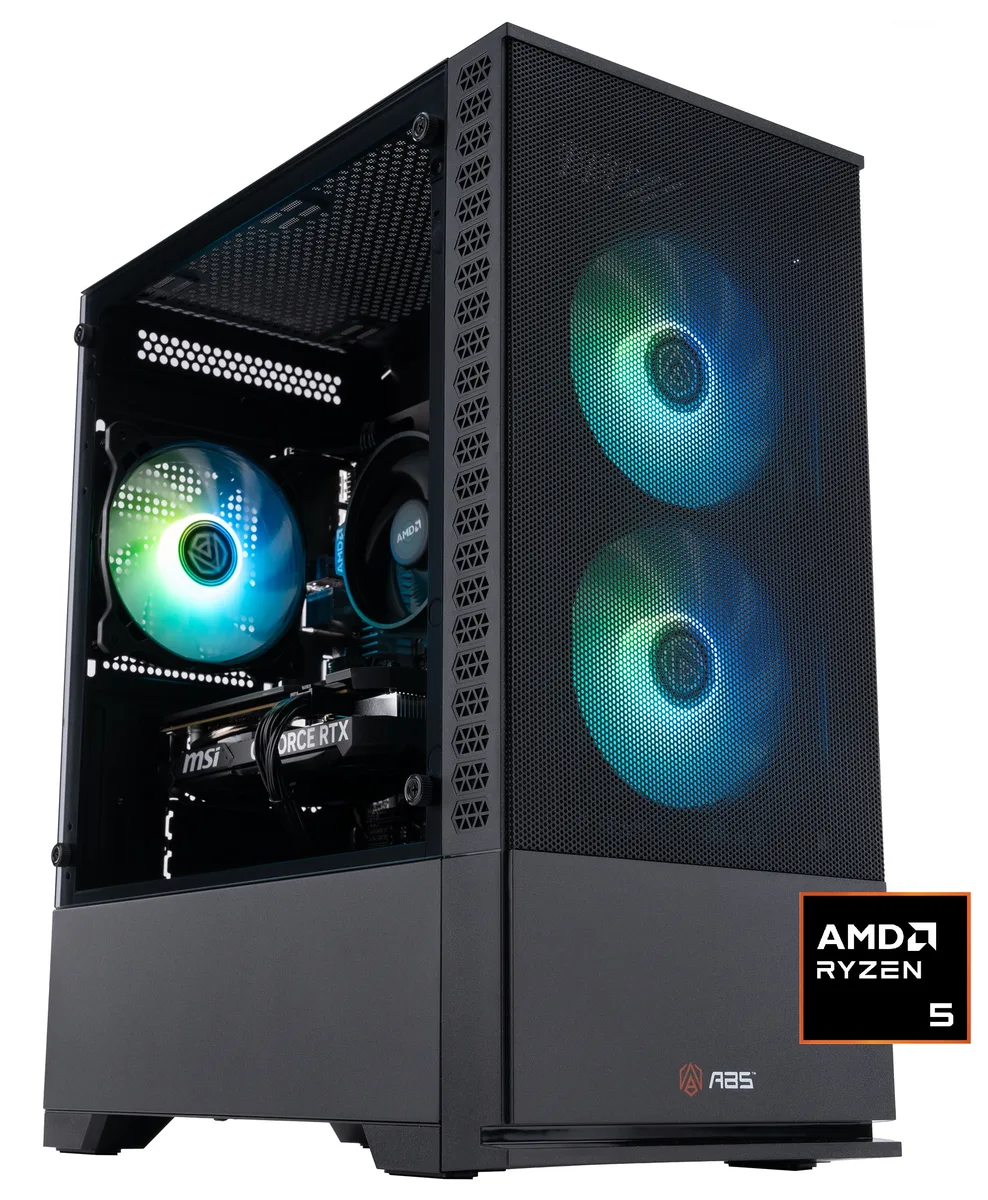 Black mATX gaming tower with tempered glass side panel and RGB memory visible inside