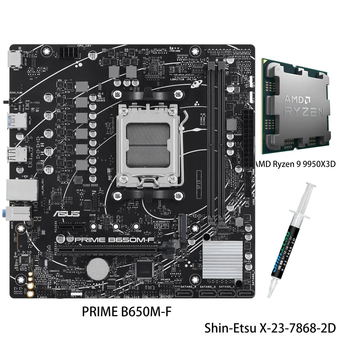 Micro-ATX motherboard with AM5 CPU socket and silver heatsinks