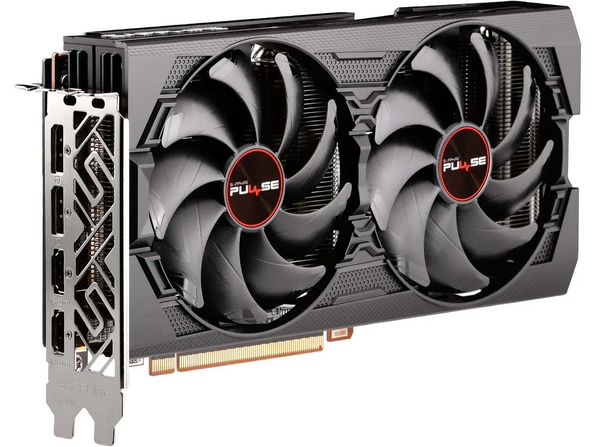 Black dual-fan graphics card with metal backplate, two HDMI and two DisplayPort outputs