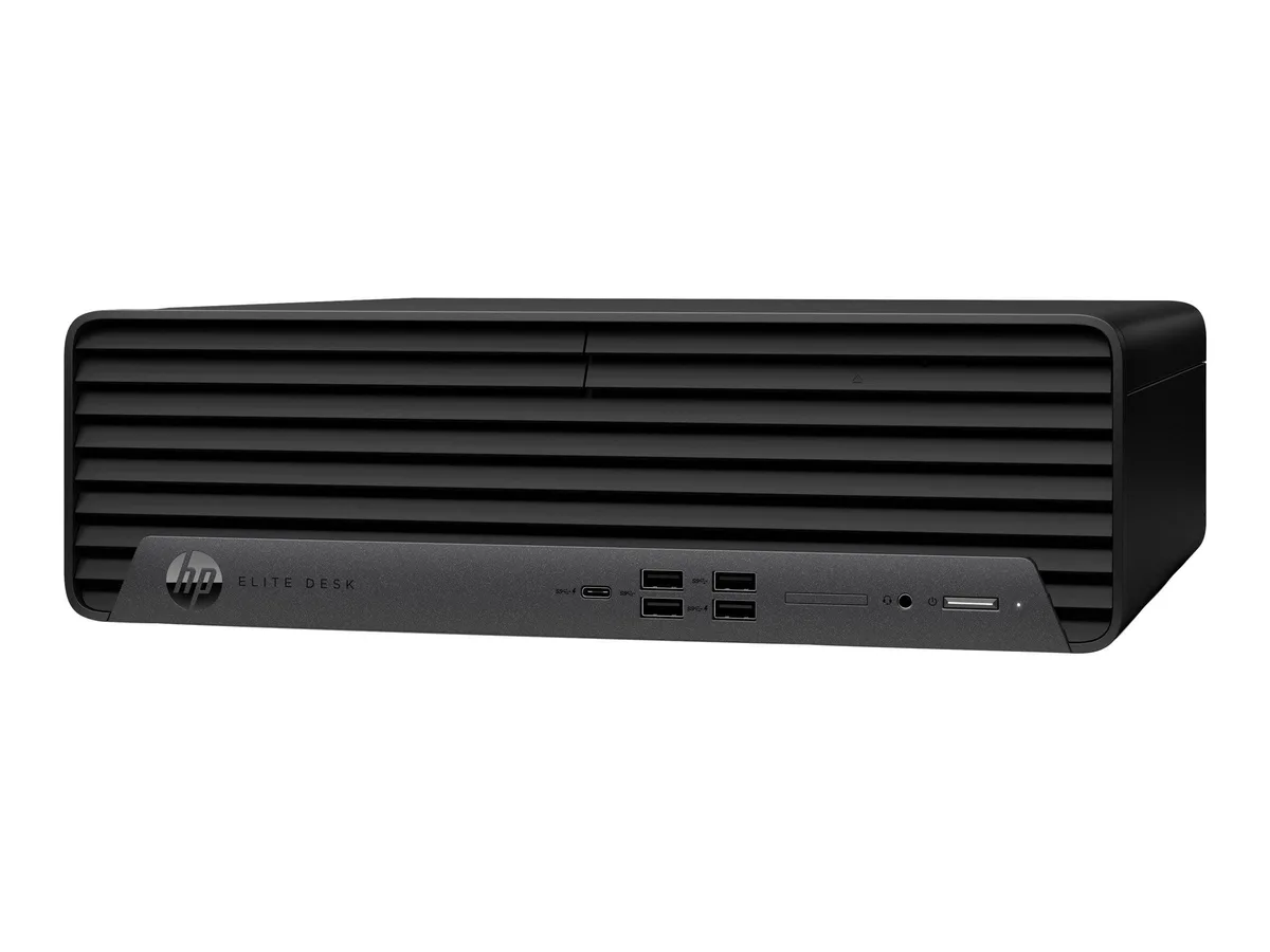 Compact black desktop tower with front ports and ventilation slots
