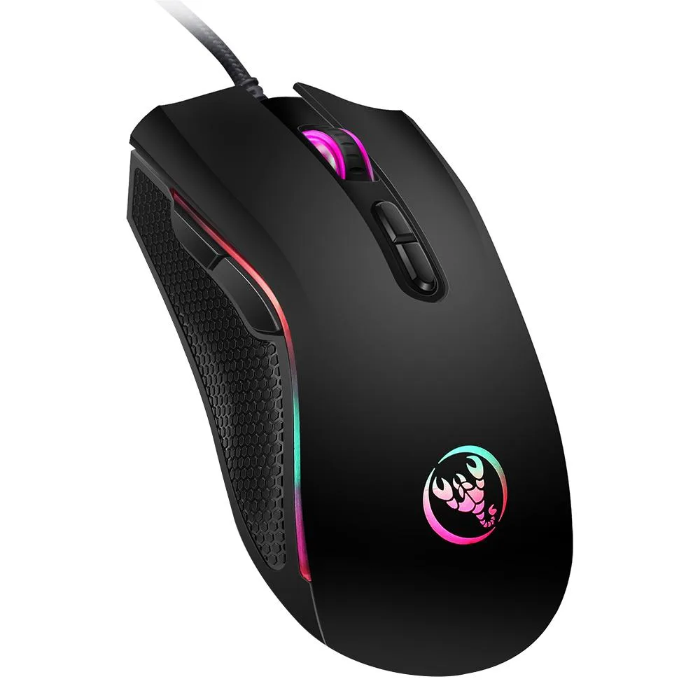 Black wired gaming mouse with seven buttons and LED lighting