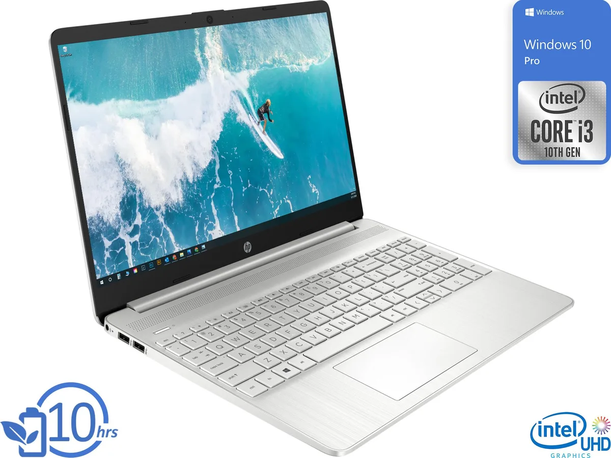 White 15.6 inch HP notebook, thin micro-edge bezel, non-touch HD screen, full-size keyboard with number pad