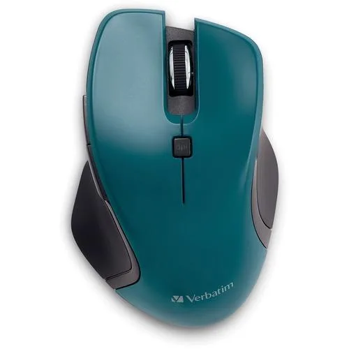 Teal wireless mouse with USB-C nano receiver and blue LED sensor
